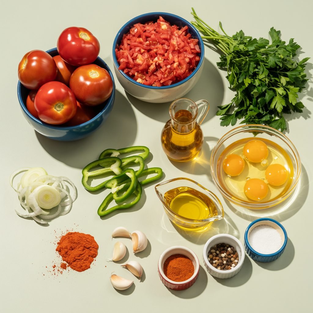 Ingredients for menemen laid out on a table including eggs, grated tomatoes, onion, green peppers, garlic, pepper paste, olive oil, and spices