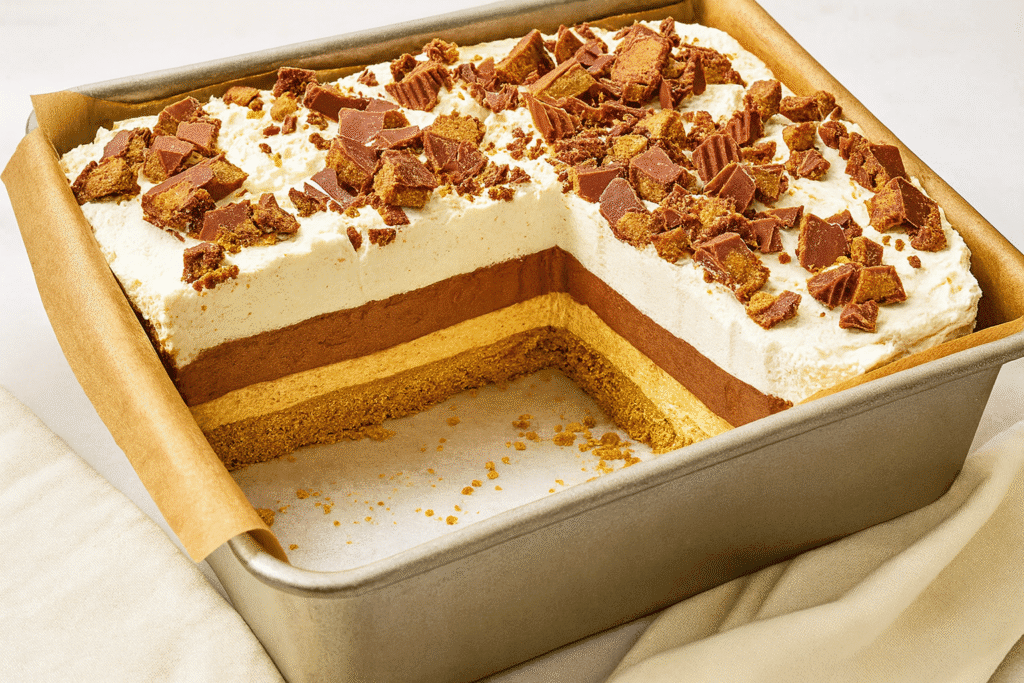 Side view of chocolate peanut butter delight showing creamy layers of peanut butter filling, chocolate pudding, and whipped cream on a cookie crust.
