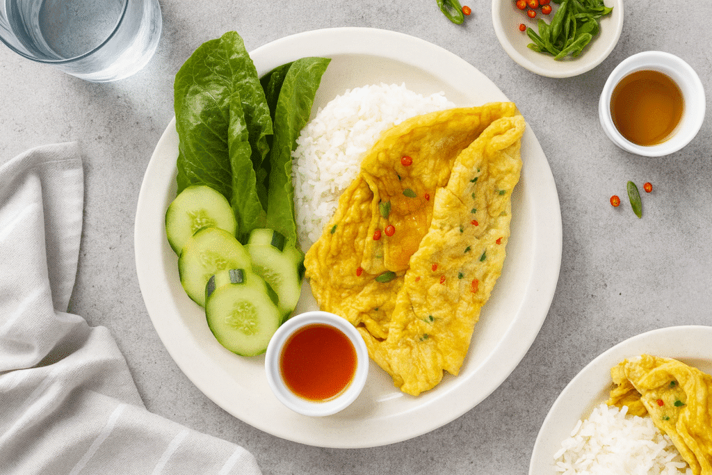 Thai omelet Kai Jeow with rice, cucumber, and chili-fish sauce in a casual home setting