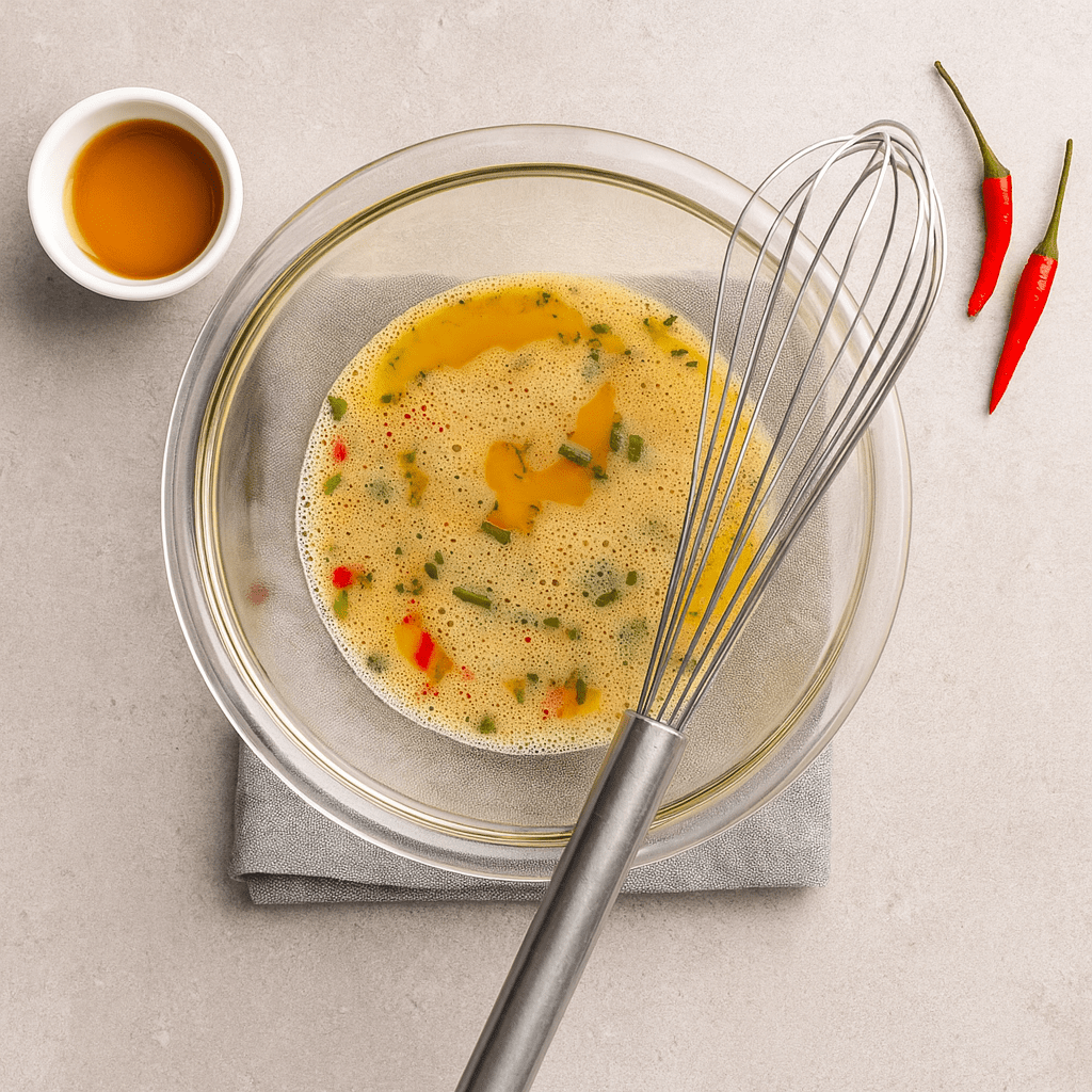 Beaten eggs mixed with fish sauce, scallions, and Thai chili for Kai Jeow