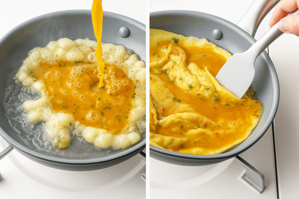 Egg mixture for Kai Jeow being poured into hot oil and starting to puff and sizzle