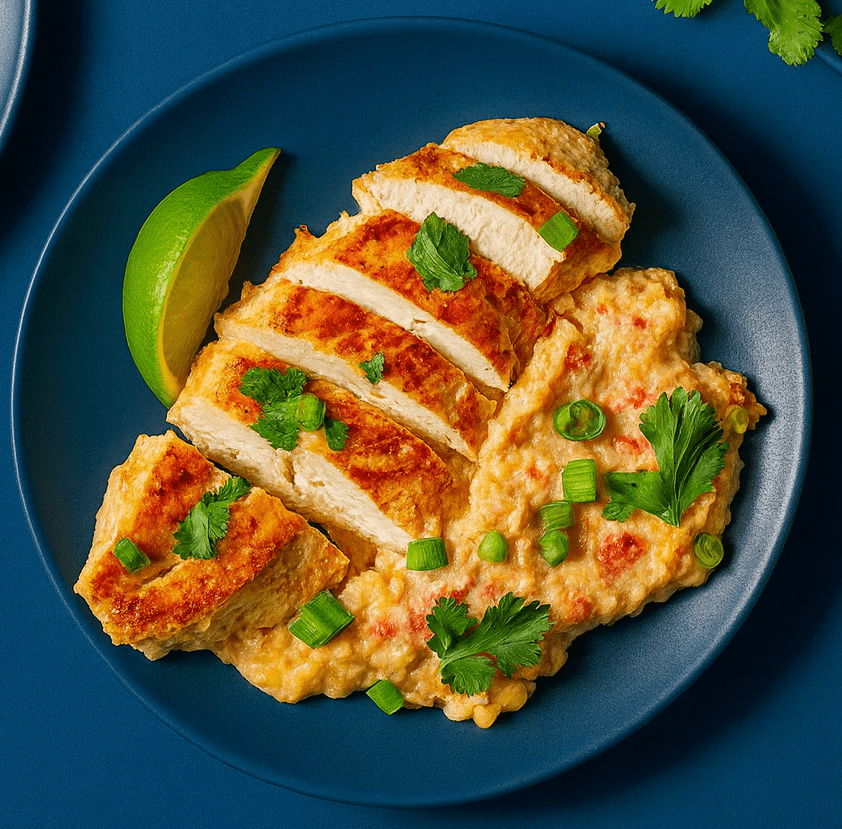 Hand serving creamy Southwest chicken skillet dinner with corn from the pan onto a plate.