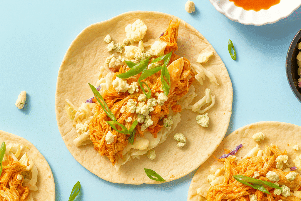 Open-faced quick Buffalo chicken taco on a soft flour tortilla, layered with creamy coleslaw, shredded Buffalo chicken, blue cheese crumbles, and sliced green onions on a light blue tabletop.