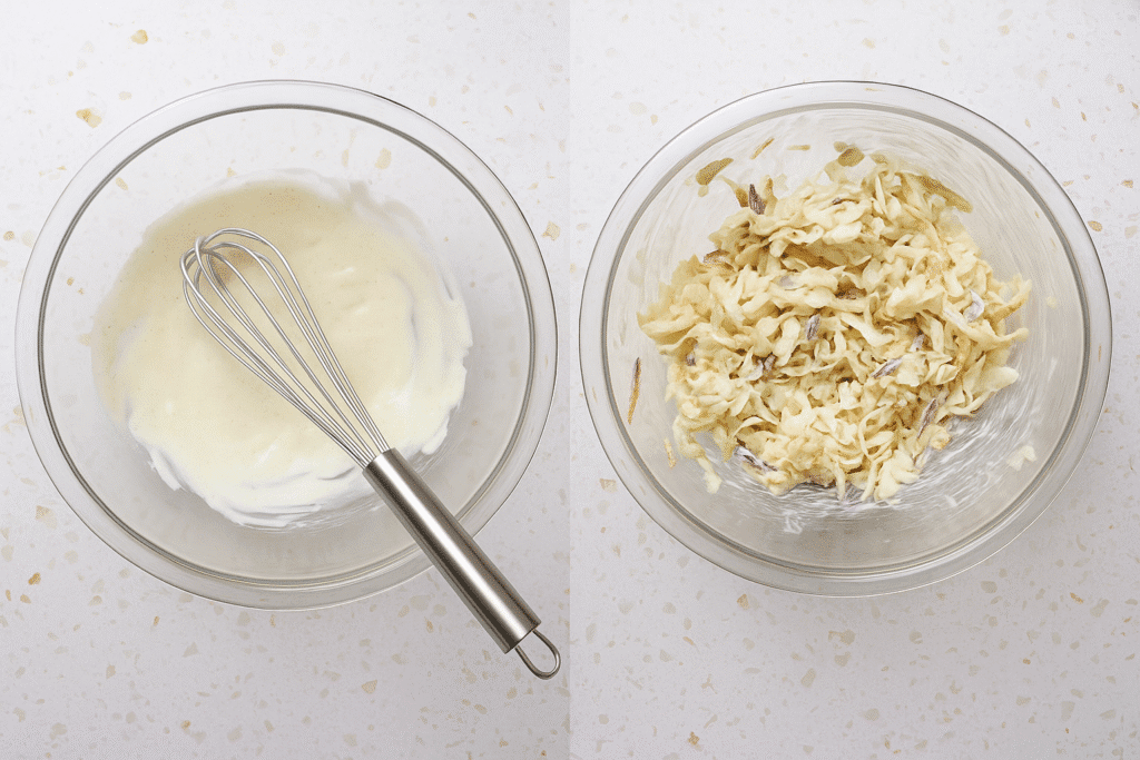 Two-step collage showing creamy slaw coming together for Buffalo chicken tacos: on the left, a glass bowl with a whisk in a pale, tangy dressing; on the right, the same bowl filled with shredded cabbage and carrots tossed in the creamy coleslaw.