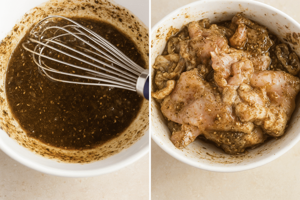 Two-photo collage showing the step-by-step marinating process for Chicken Over Rice with White Sauce: on the left a bowl of dark, herb-flecked marinade with a whisk, on the right raw chicken thighs coated in the marinade and ready to rest.