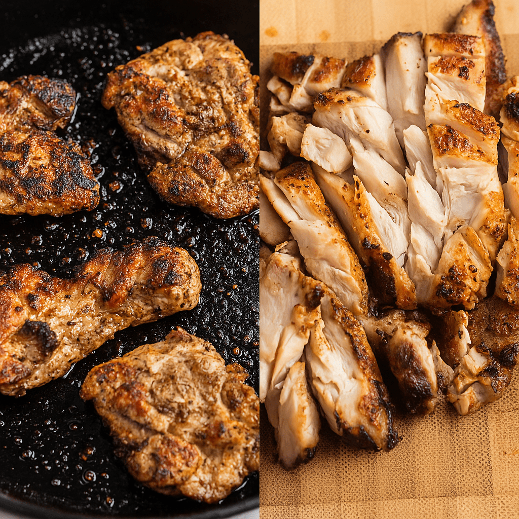 Two-image collage showing how to cook chicken for Chicken Over Rice with White Sauce: on the left, marinated chicken thighs are seared in a hot skillet until browned and charred at the edges; on the right, the cooked chicken is sliced into juicy strips on a wooden cutting board.