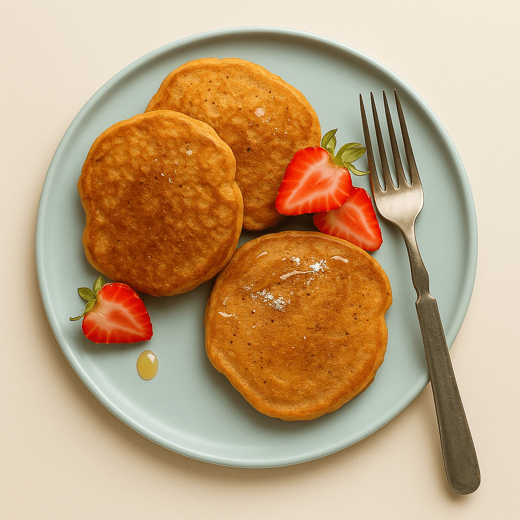 Three golden-brown almond butter pancakes on a pale blue plate with fresh strawberry halves, a drizzle of syrup, and a fork on a light beige background.