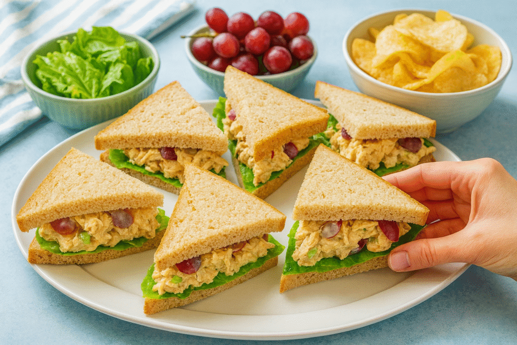 Platter of easy chicken salad sandwiches with grapes and celery, ready to serve for lunch.