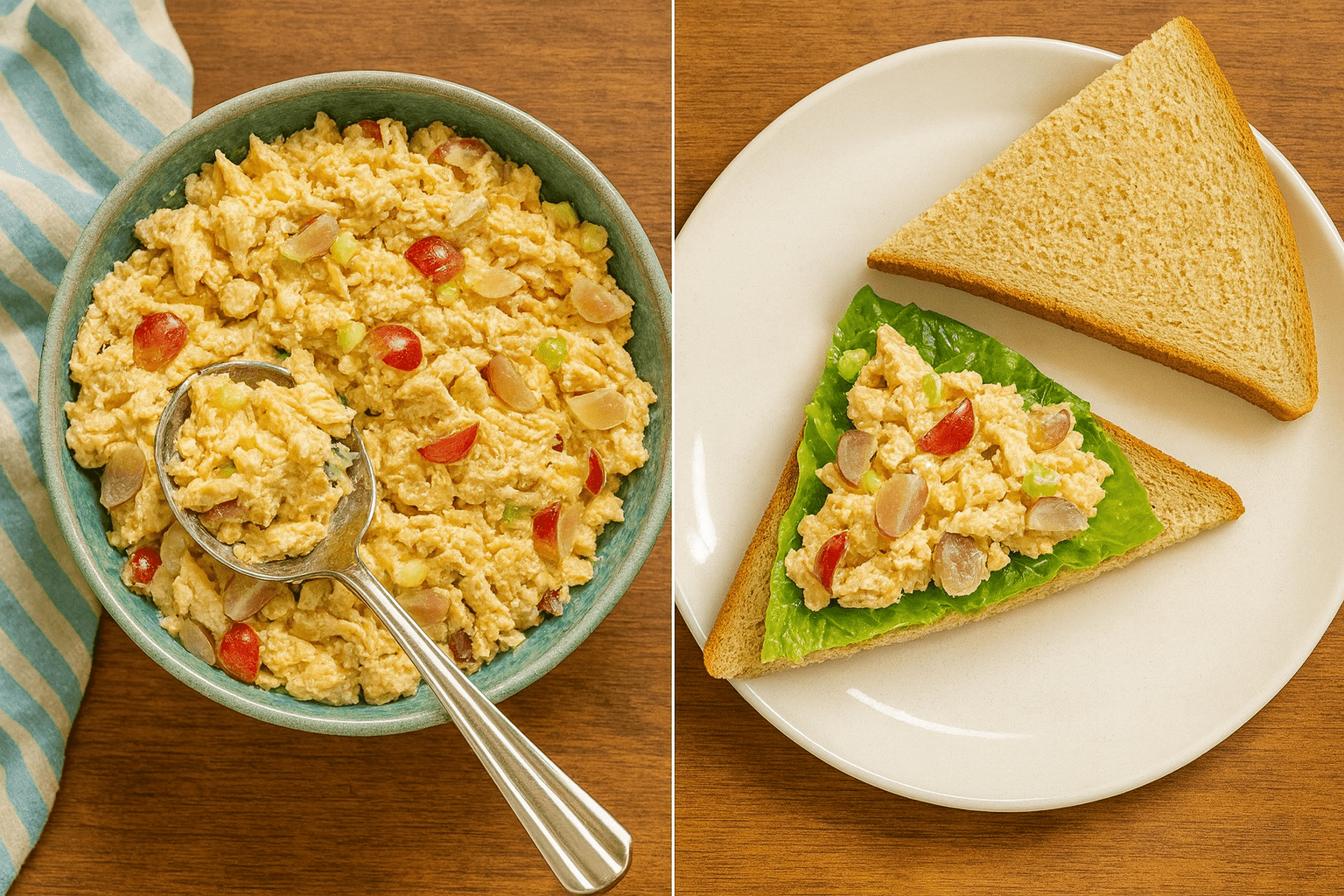 Creamy chicken salad with grapes and celery being mixed in a bowl and spooned onto sandwich bread.
