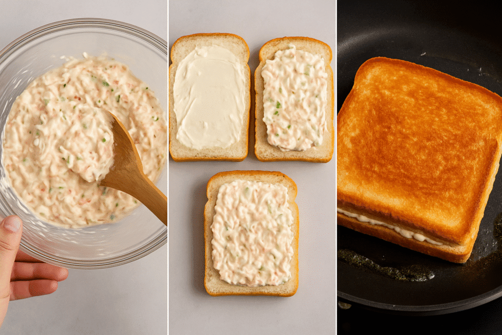 Step by step process of mixing creamy crab filling assembling the sandwich and pan frying it until golden