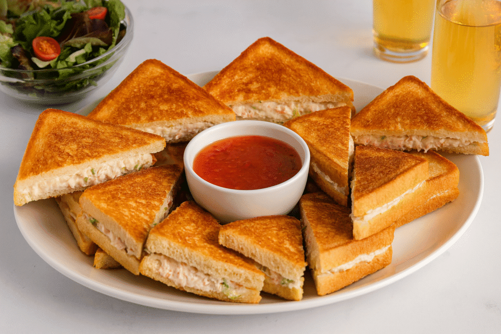 Platter of crab Rangoon sandwich halves with dipping sauce and salad showing an easy versatile meal