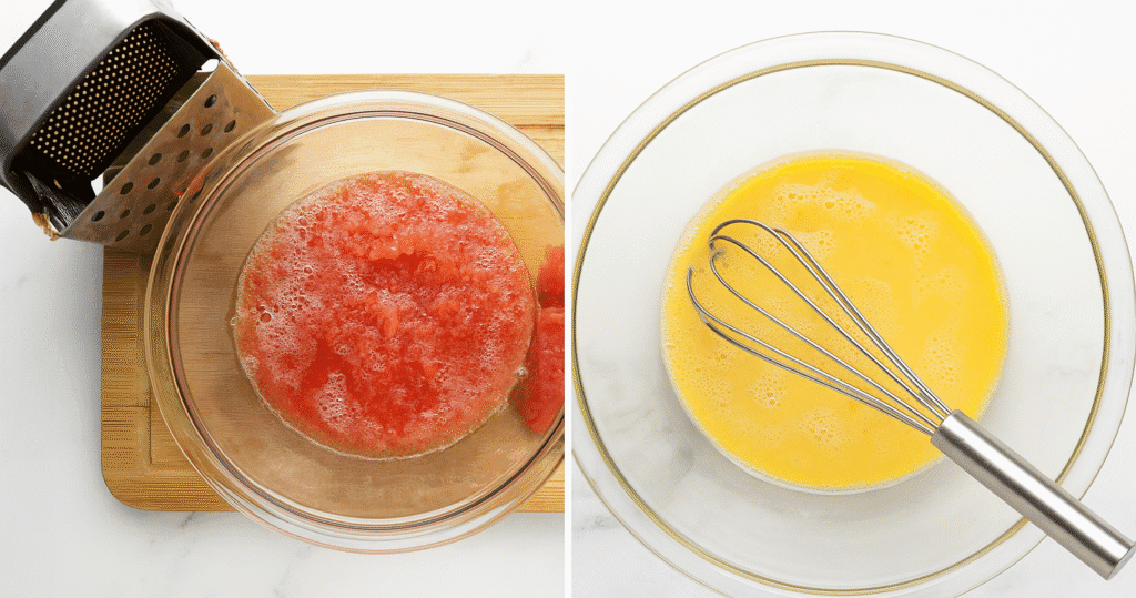 Tomatoes being grated into a bowl and beaten eggs with a whisk ready for making menemen