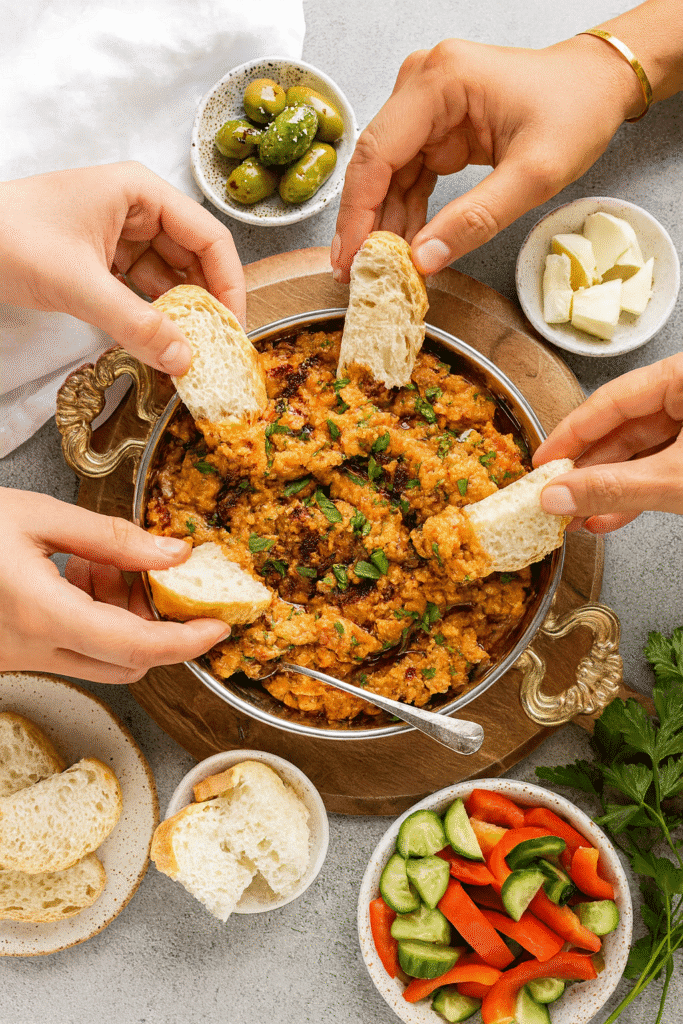 Family style menemen in the center of the table with people dipping bread and small dishes of olives, cheese, and vegetables around it