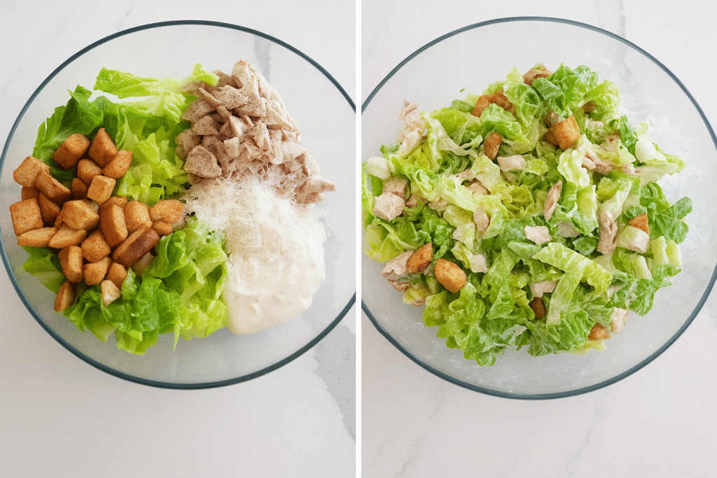 Chicken, romaine, croutons, Parmesan, and Caesar dressing tossed together in a large bowl.