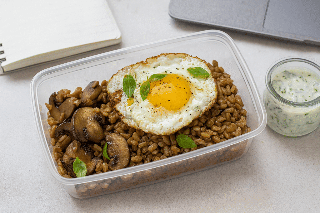Meal prep container of farro mushroom and egg grain bowl with herb yogurt packed for a work lunch.