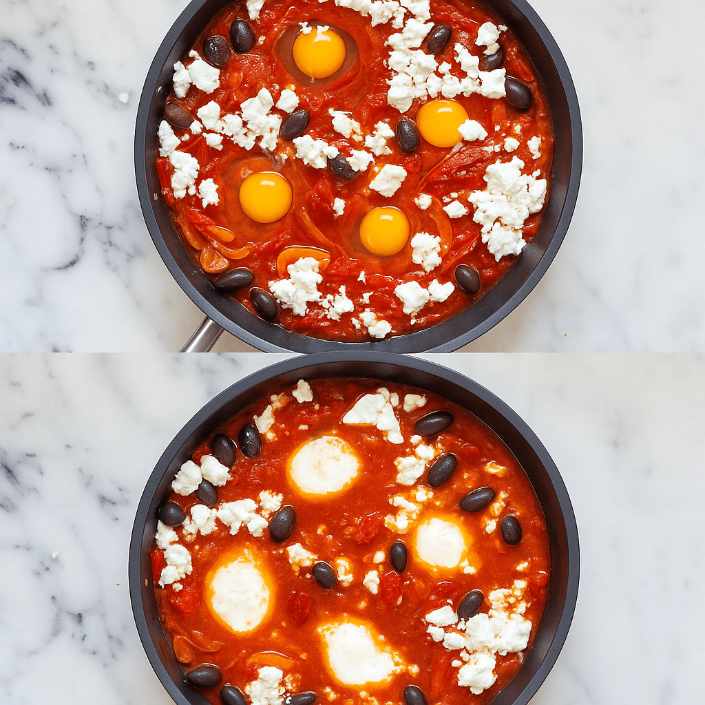 Eggs nestled into tomato and pepper sauce with feta and olives scattered on top before the lid goes on.