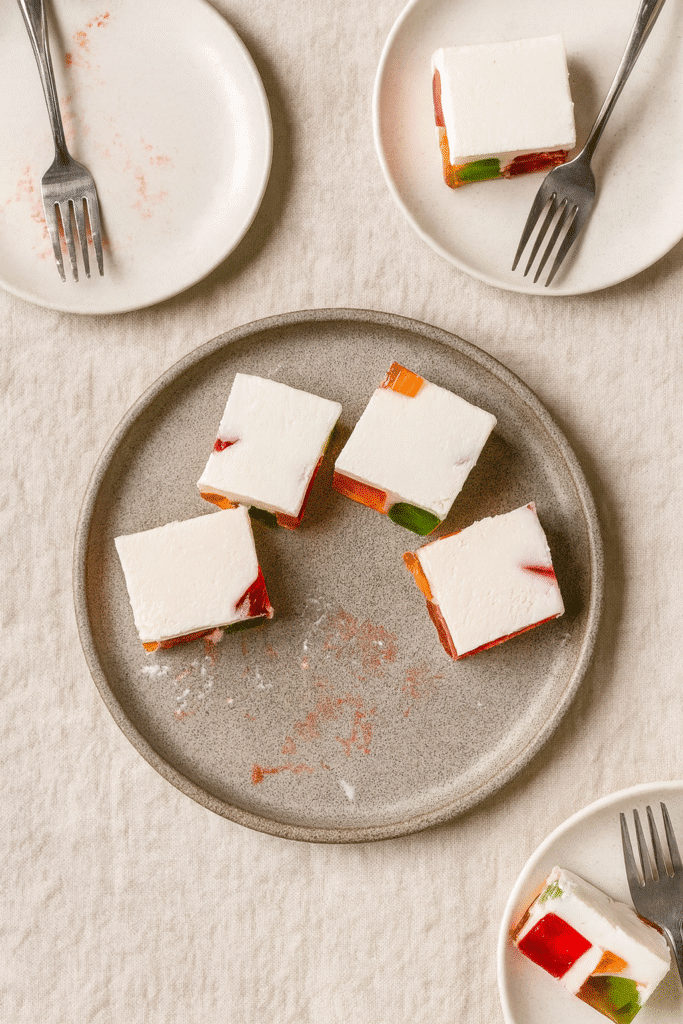 Nearly empty platter with a few slices of Broken Glass Jell O after a gathering