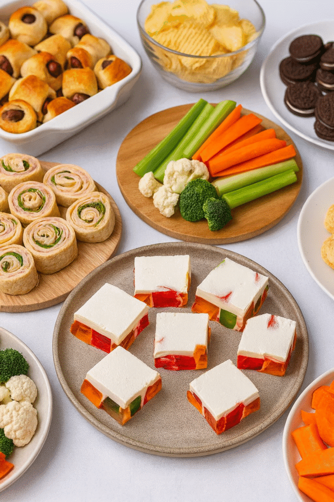 Broken Glass Jell O slices on a buffet table with other party foods