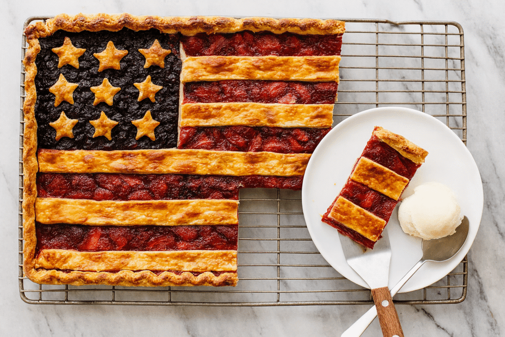 Cooled American Flag Pie on a rack with slices cut into squares and served with whipped cream