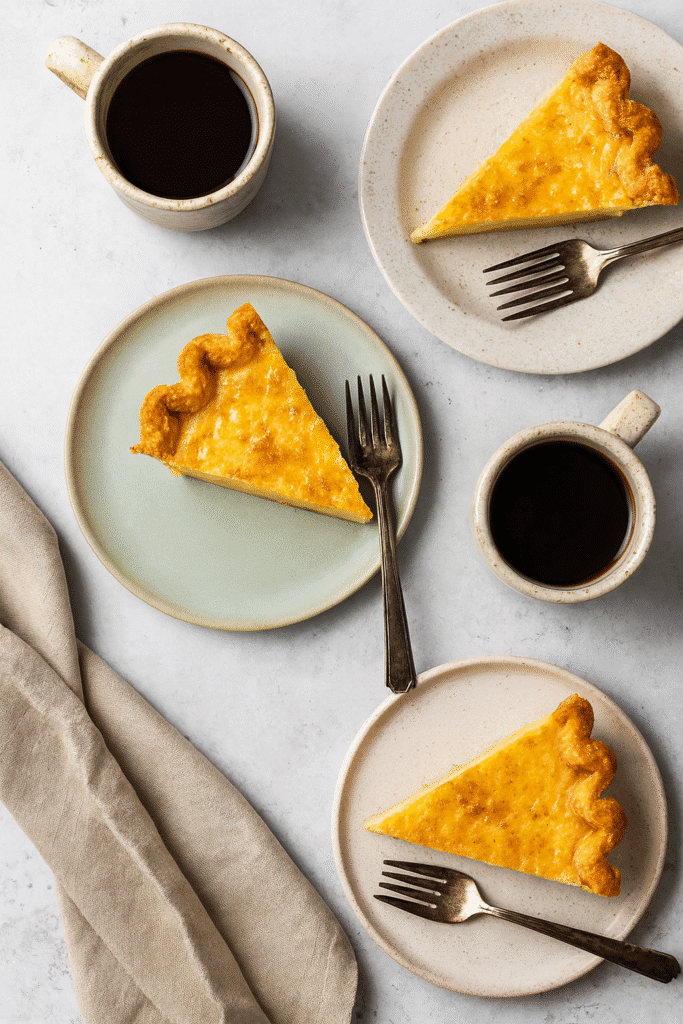 Several slices of egg custard pie served with coffee on a cozy table