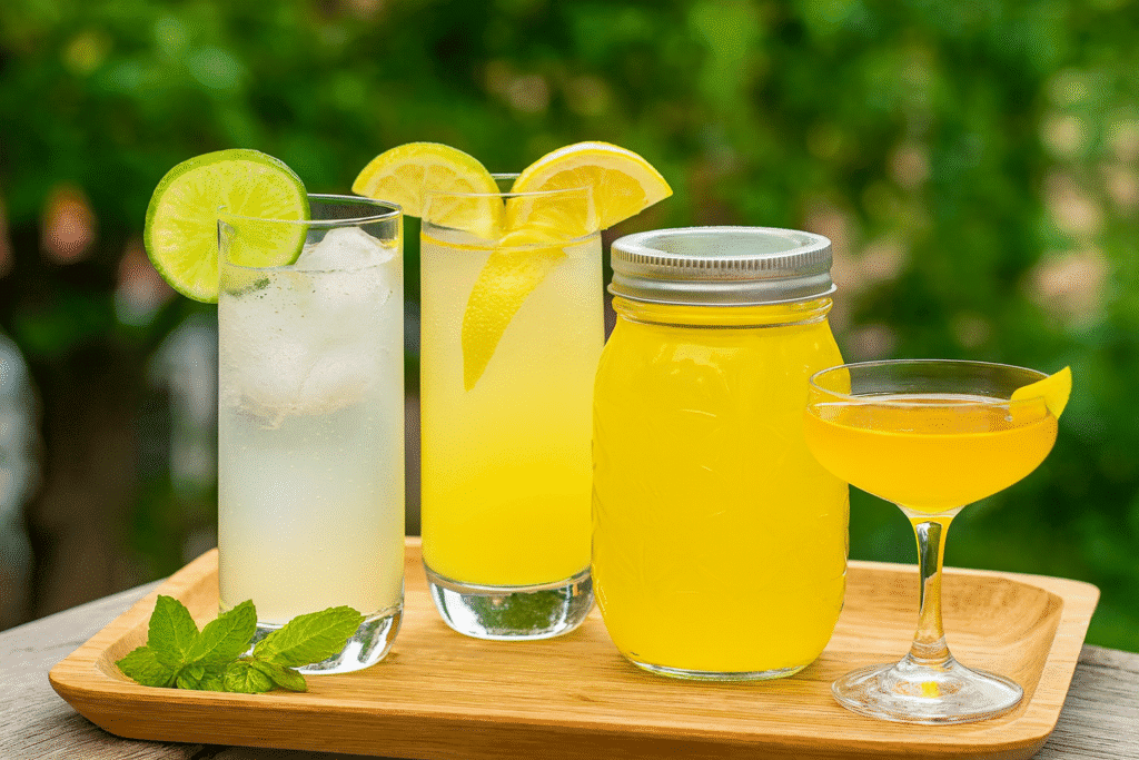 Tray of summer drinks made with citrus mint beverage base, including non alcoholic spritzers and a simple cocktail