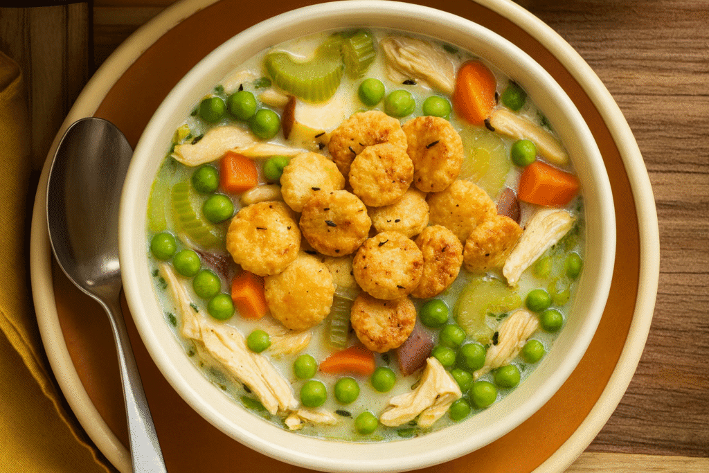creamy chicken pot pie soup with shredded chicken, potato, peas, and seasoned crackers