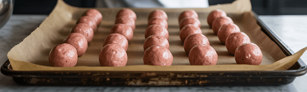 Shaped sausage balls lined up on a parchment lined baking sheet ready to bake