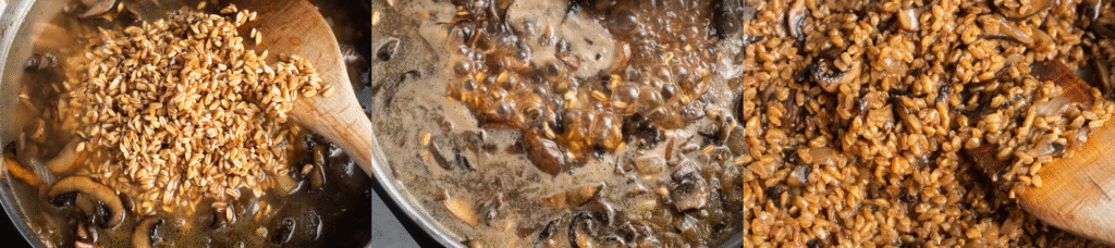 Farro simmering in broth with mushrooms and onions in a wide skillet for a vegetarian grain bowl.