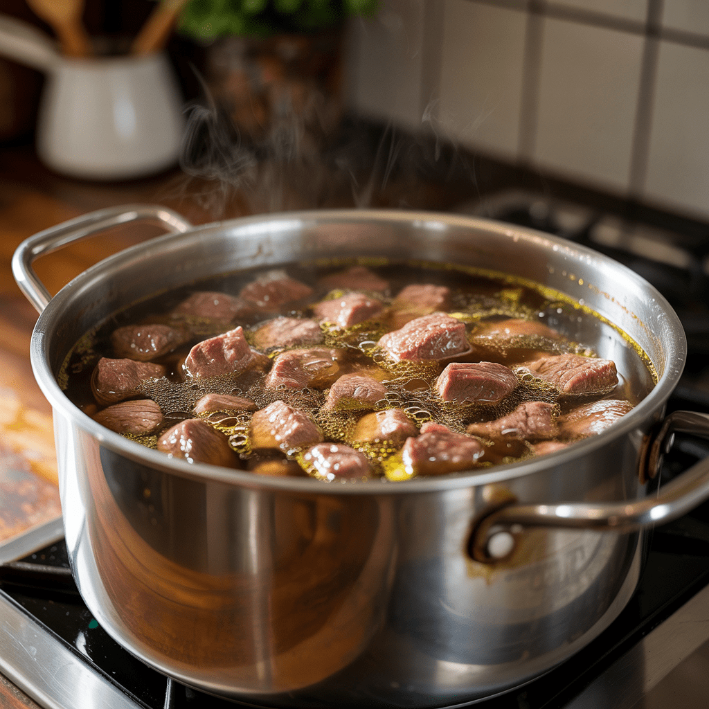 Beef simmering in broth in a covered pot to become tender for Korean curry rice.