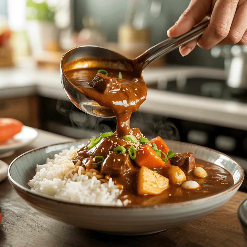 Ladle of Korean beef curry being poured over steamed white rice in a bowl.
