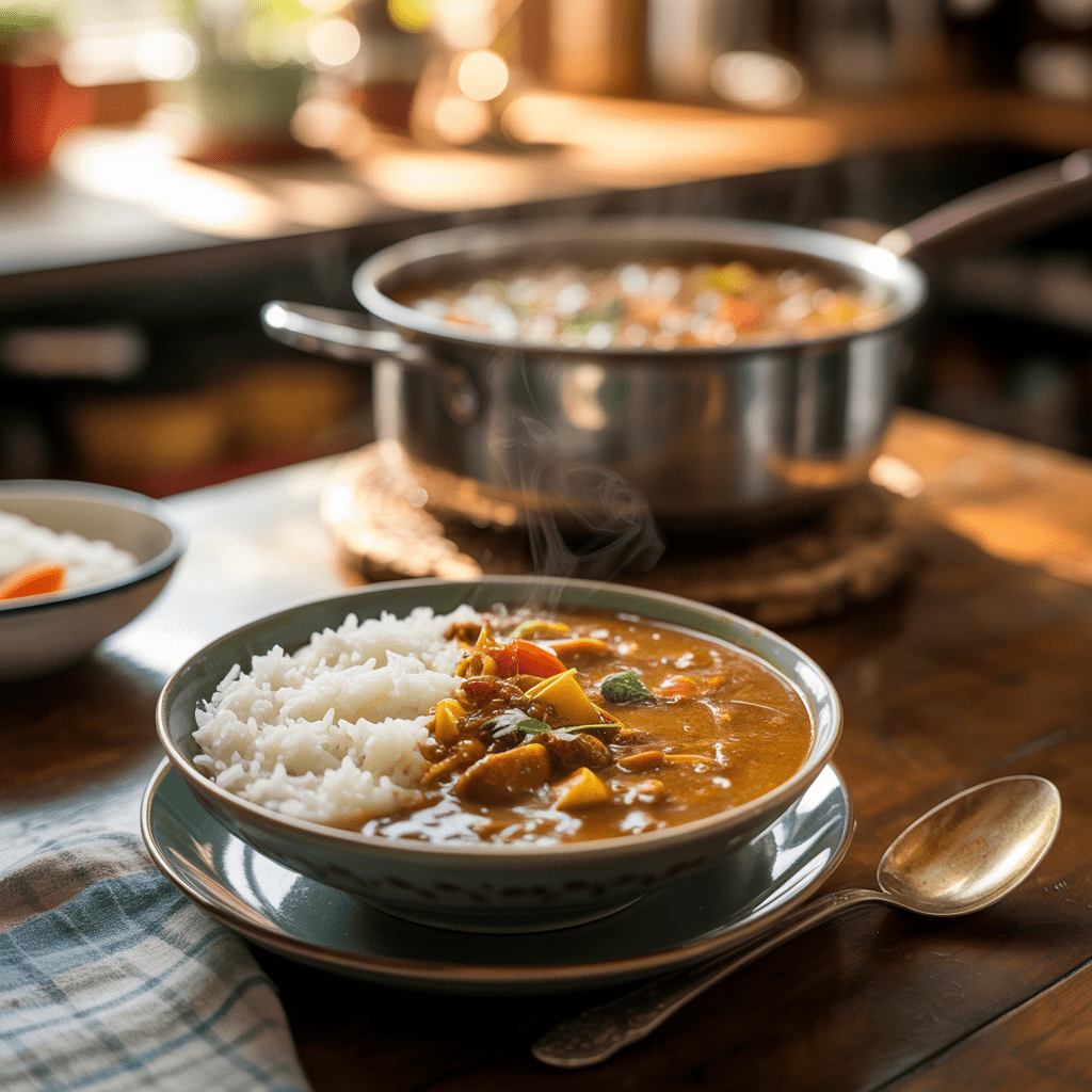 Steaming bowl of Korean curry rice with beef and vegetables, ready to eat with the curry pot in the background.