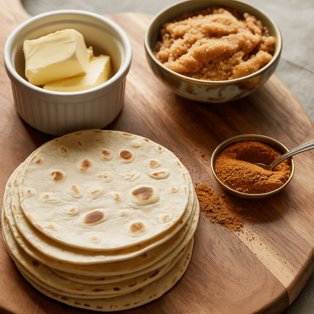 Flour tortillas, softened butter, brown sugar, and ground cinnamon arranged on a wooden board