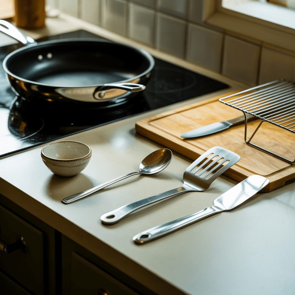 Nonstick skillet, bowl, spatula, tongs, and basic kitchen tools laid out for making tortilla roll-ups