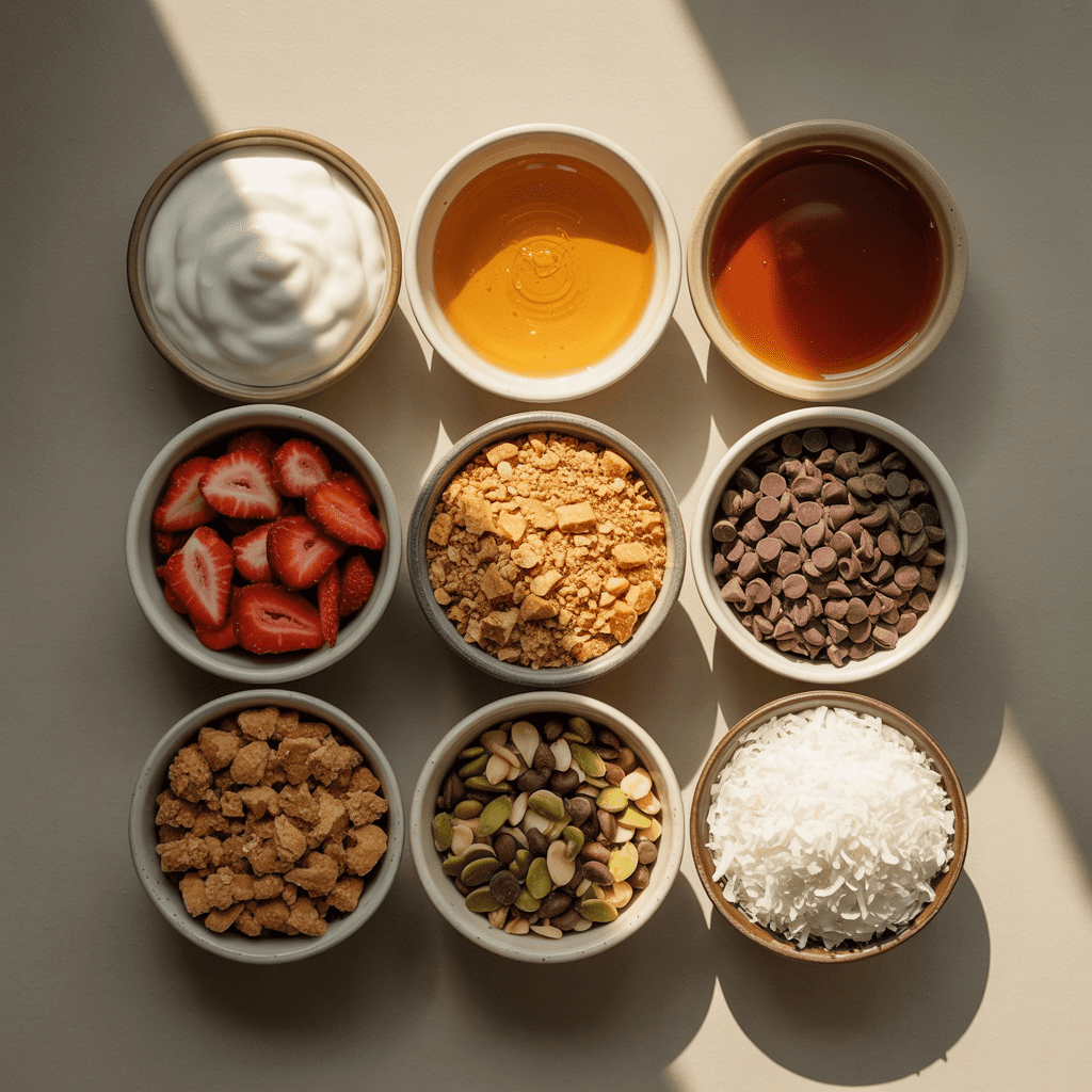 Ingredients for easy fro-yo bark including Greek yogurt, honey, vanilla, freeze-dried fruit, and chocolate