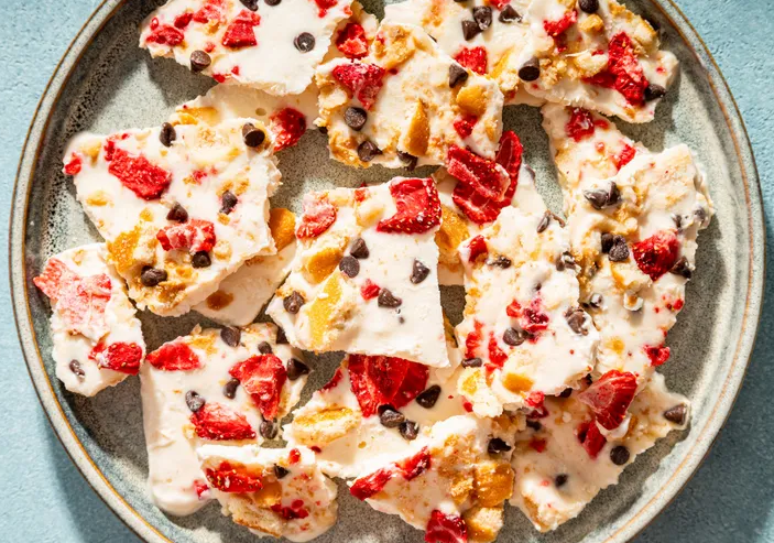 Frozen yogurt bark broken into bark-style pieces ready to serve from the freezer