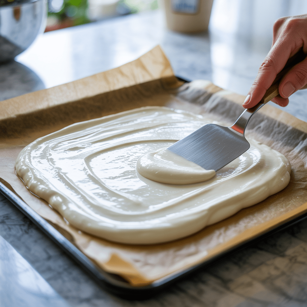 Sweetened Greek yogurt being spread in a thin layer on a parchment-lined baking sheet for fro-yo bark