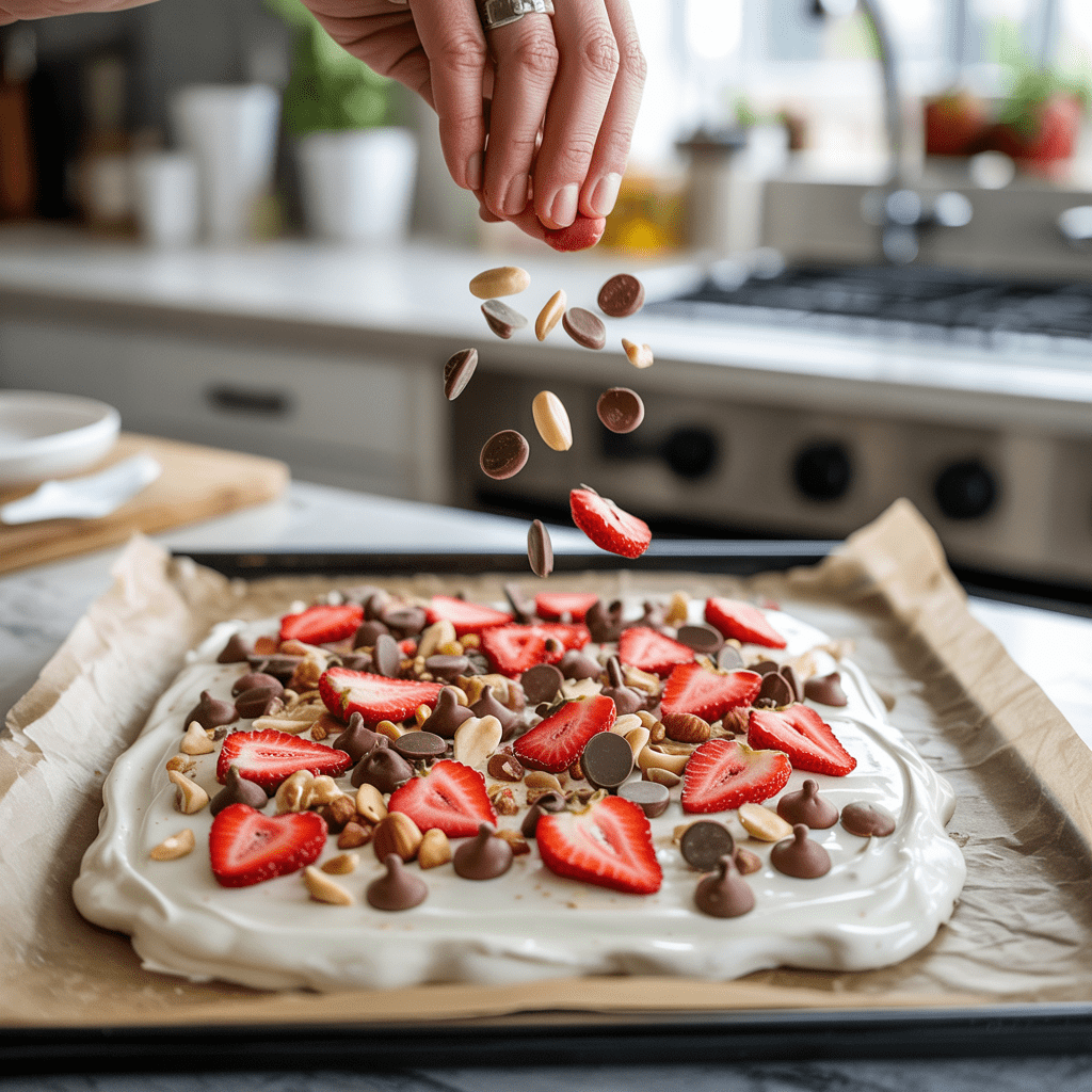 Toppings like freeze-dried strawberries, nuts, and chocolate chips being added to Greek yogurt bark before freezing
