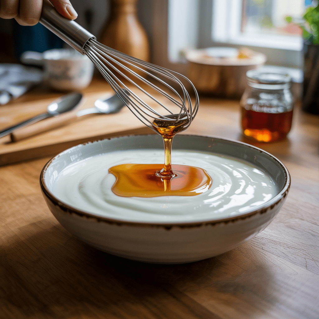 In a medium bowl, adding whole-milk Greek yogurt, honey or maple syrup and vanilla extract