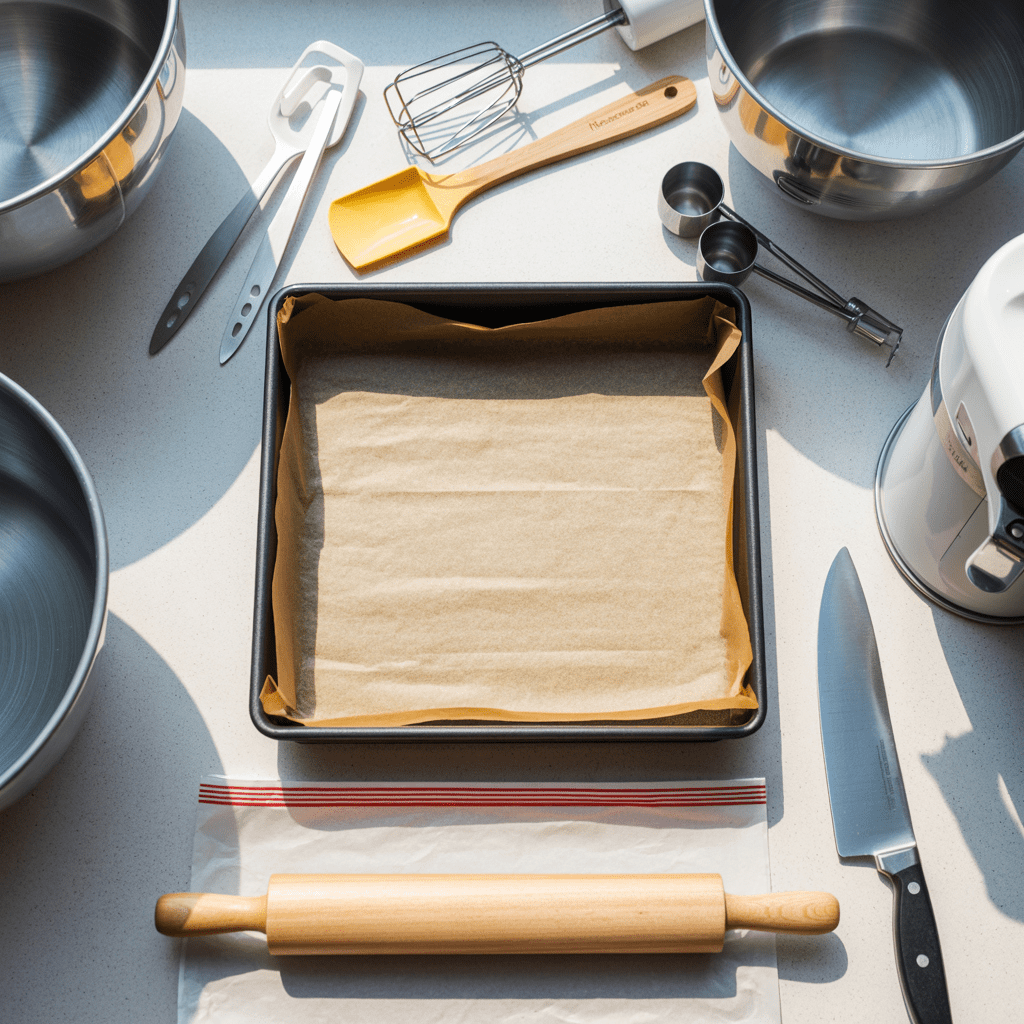 Baking tools for making chocolate peanut butter delight, including an 8x8 pan, mixing bowls, hand mixer, spatula, and measuring cups.
