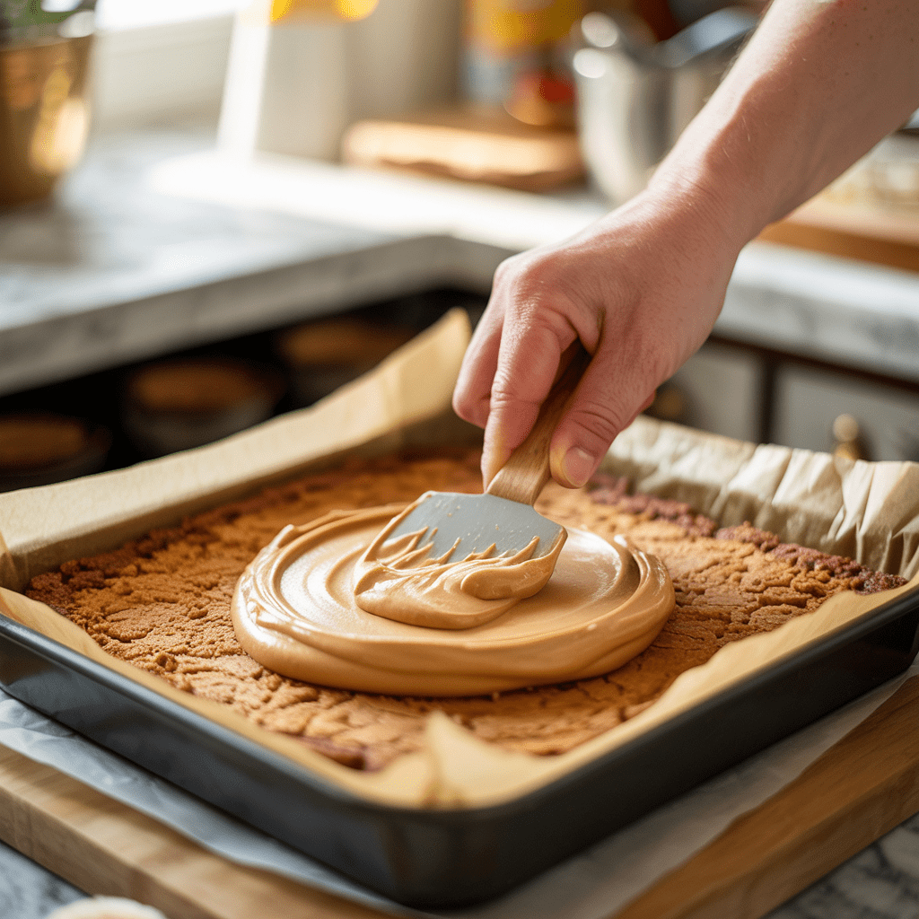 Fluffy peanut butter cream being spread over the cookie crust to form the second layer of chocolate peanut butter delight.