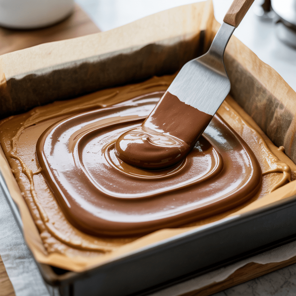 Instant chocolate pudding being spread over the peanut butter cream layer in a pan of no-bake chocolate peanut butter delight.