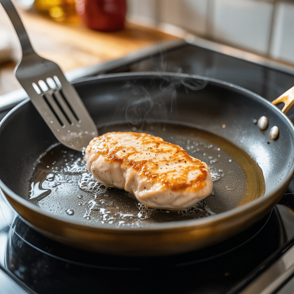 Chicken cutlet searing to golden with easy release before flipping.