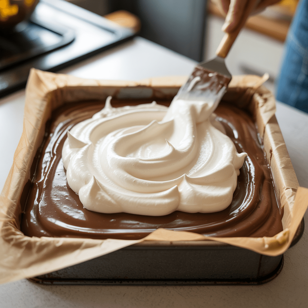 Homemade whipped cream being spread as the top layer on a pan of chocolate peanut butter delight.
