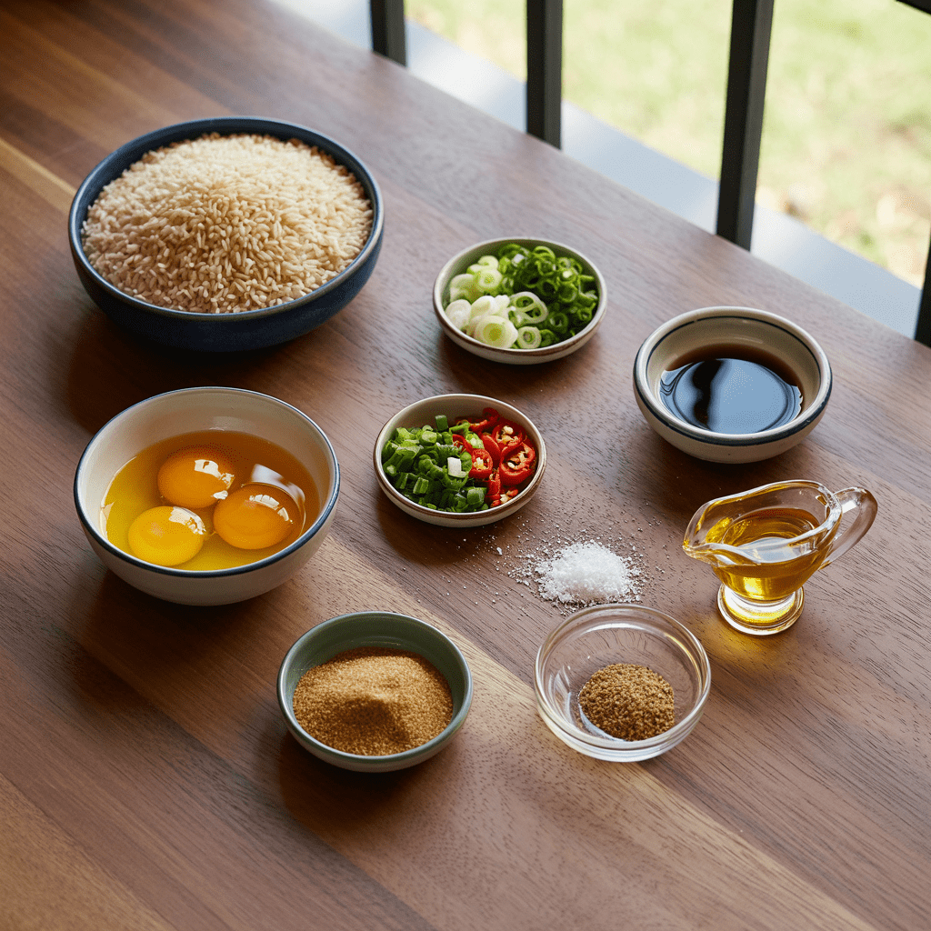 Ingredients for Kai Jeow Thai omelet including eggs, fish sauce, scallions, and Thai chili
