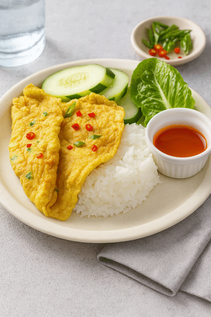 Kai Jeow Thai omelet with rice on a plate