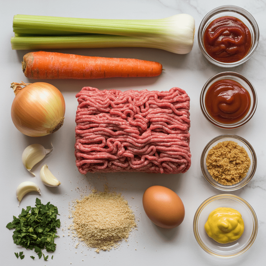 Ingredients for meatloaf muffins including lean ground beef, vegetables, egg, breadcrumbs, Worcestershire, and glaze ingredients arranged on a counter