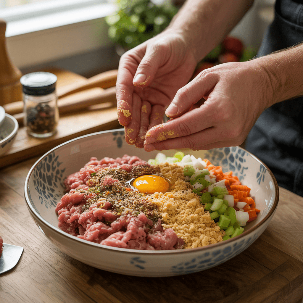 Ground beef, minced vegetables, breadcrumbs, and egg being gently mixed in a bowl for mini meatloaf muffins