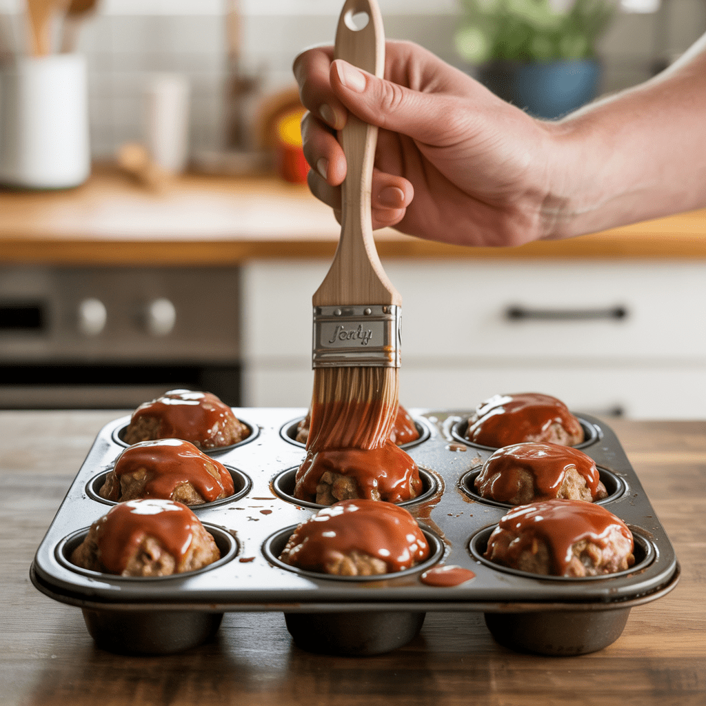 Glaze being brushed over mini meatloaf muffins in a muffin tin before the final bake