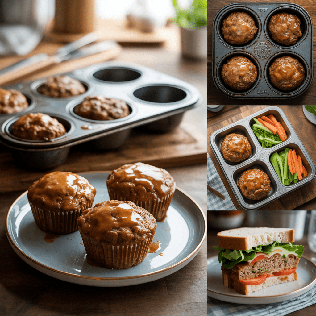 Collage of meatloaf muffins on a plate, in a muffin tin, packed for meal prep, and turned into a sandwich