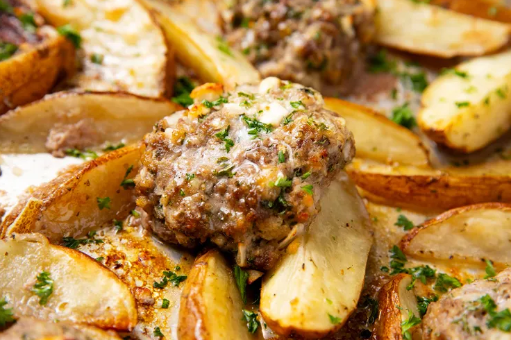 Close-up of juicy Greek beef bifteki with lemony potato wedges on the side